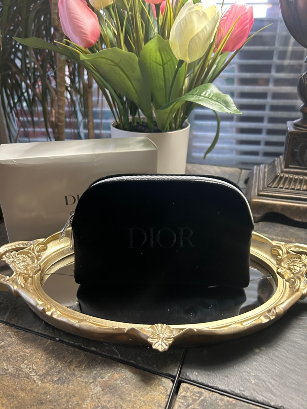 Dior Black Velvet Cosmetic Case with Embossed Logo